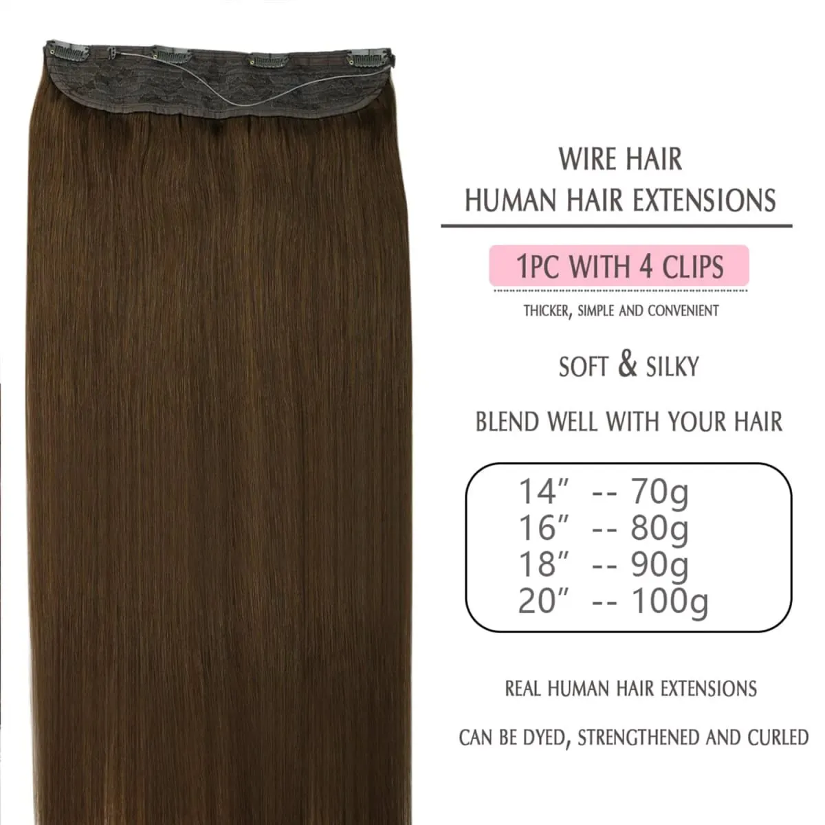 Invisible Halo Hair Extensions Real Human Hair Fish Wire Adjustable Band Secret Clip-in Extension for Women Chocolate Brown