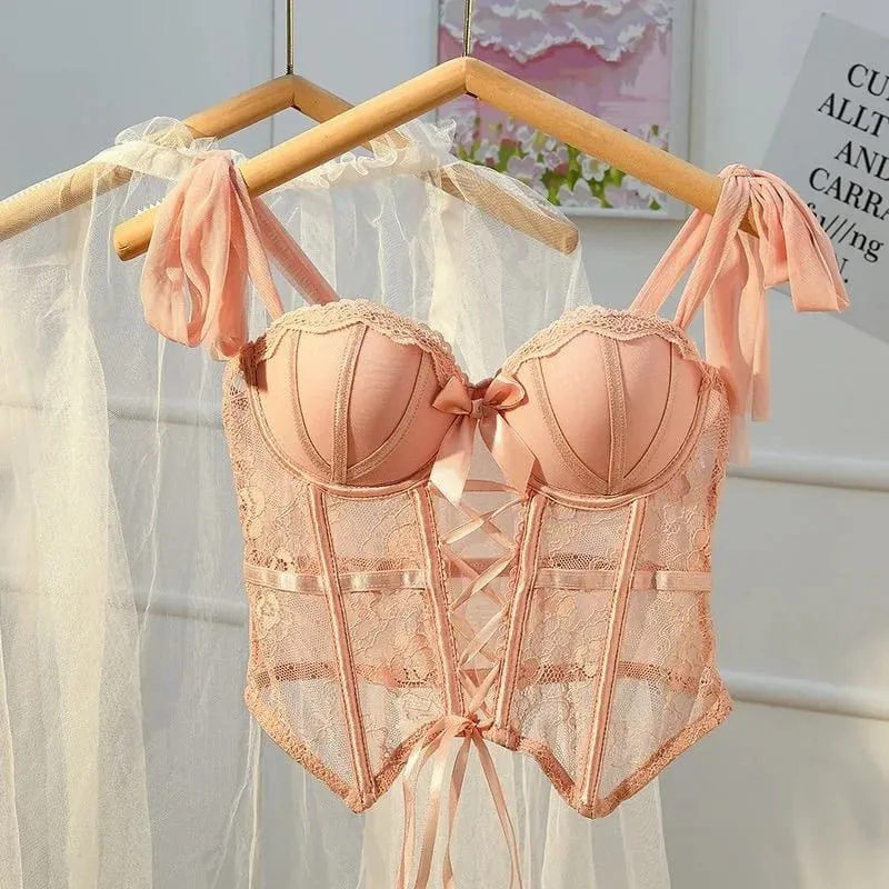 Lace Thin X Sexy Fishbone Bra Set with Small Chest Gathered and Anti Sagging Support Comfortable Soft Steel Ring Bra Set