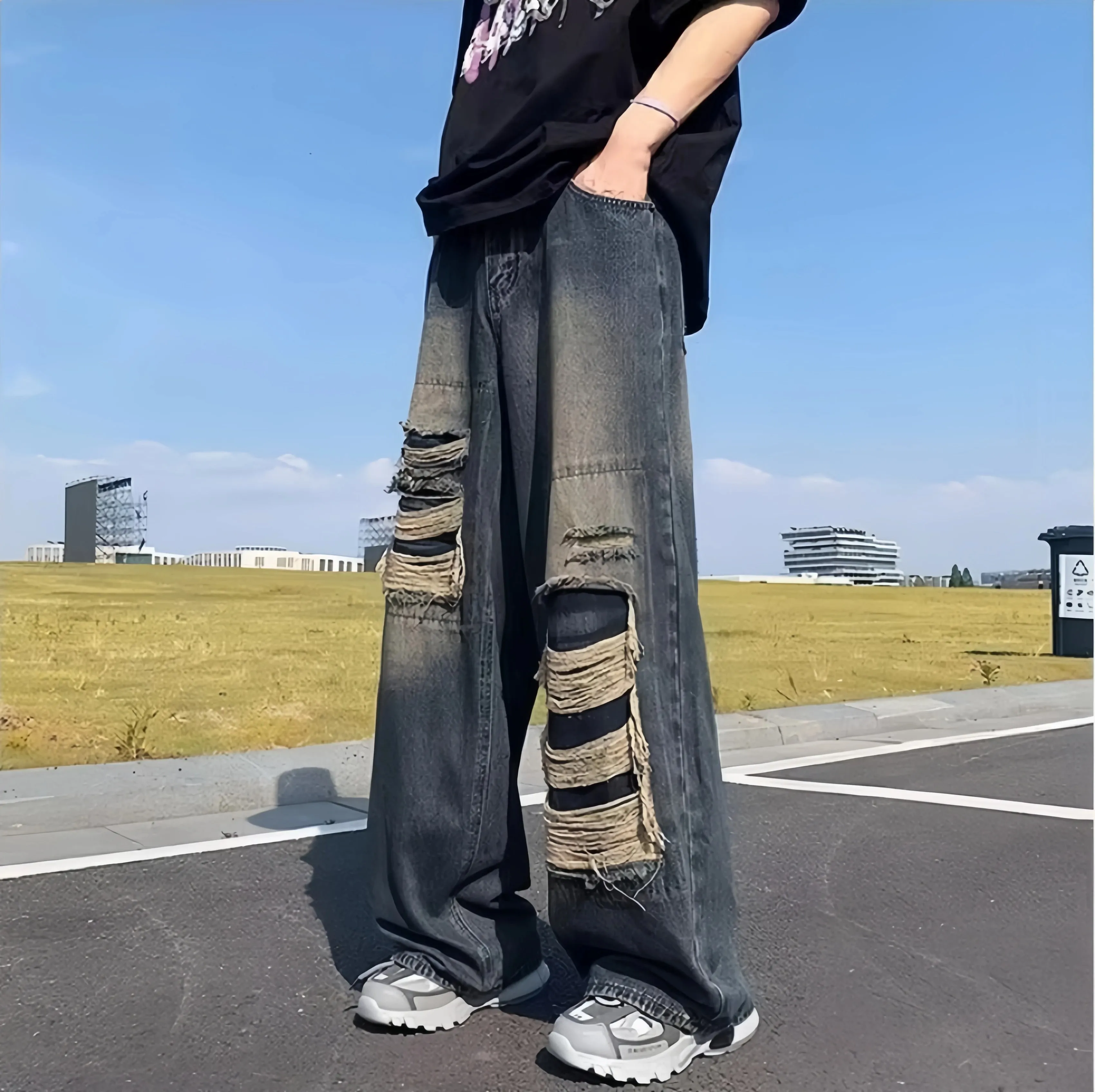 Men's Dark Vintage Wash Baggy Wide Leg Jeans Multi-layer Frayed Ripped Detail Hip Hop Street Style Casual Daily Street Outing Loose Denim Trousers