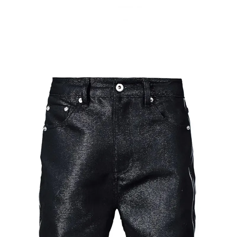 High Quality Silver Thread Woven Metal Texture Bootcut Jeans Man Side Double Zippers Gothic Punk Stacked Jeans — image 5