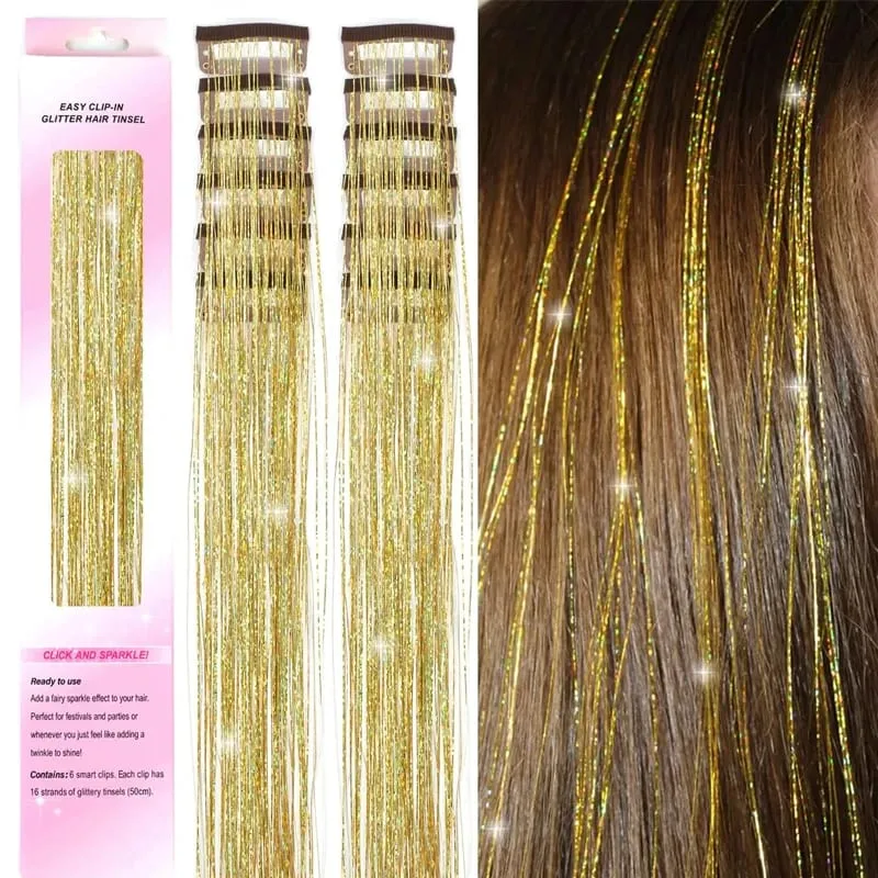 12pcs 20inch Tinsel Hair Extensions Wigs Colorful Shiny Artificial hair extensions Clip in Women Hairpieces for Daily Party Wear