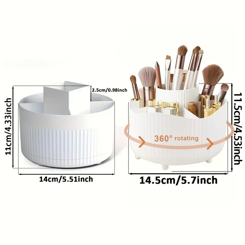 360-Degree Rotating Makeup Organizer 5 Slot Plastic Cosmetic Storage Elegant Stripe Versatile Holder for Brushes Office Supplies