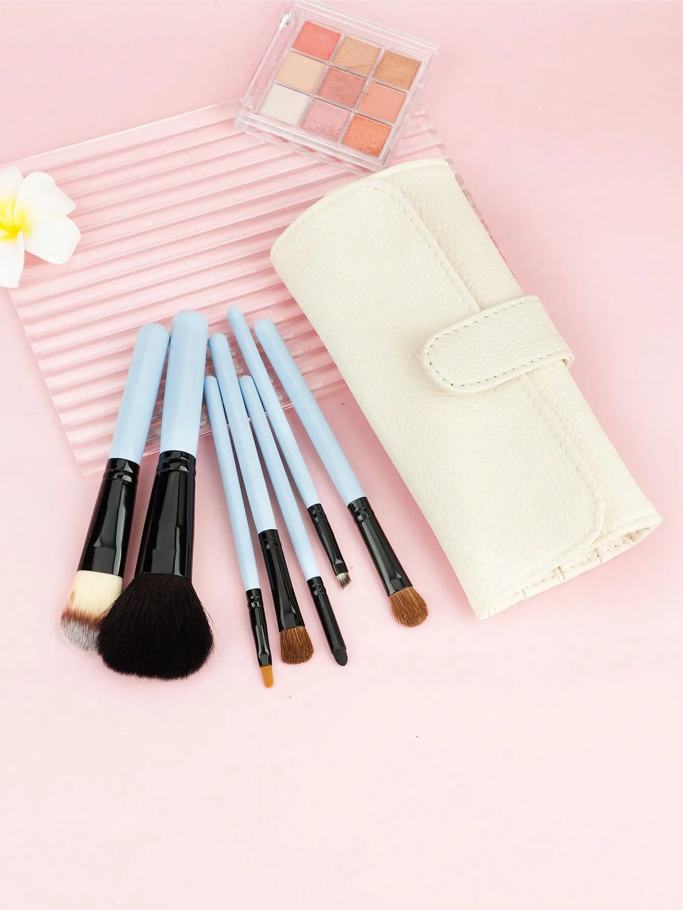 7 Pcs Pink Makeup Brush Set With Leather Case Foundation Blush Eyeshadow Brushes Portable Cosmetic Make‑up Tools Kit