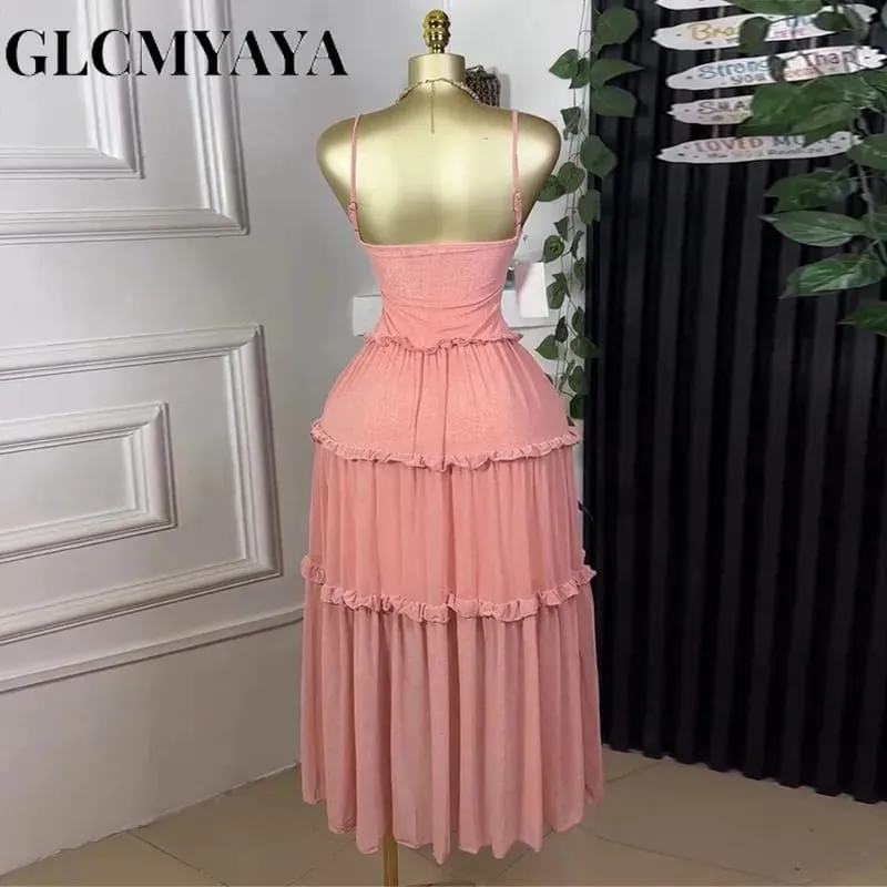 Women Strap Sleeveless Ruffles A-line Midi Maxi Long Dress 2025 Summer Beach Holiday Vacation Vestidos Dresses