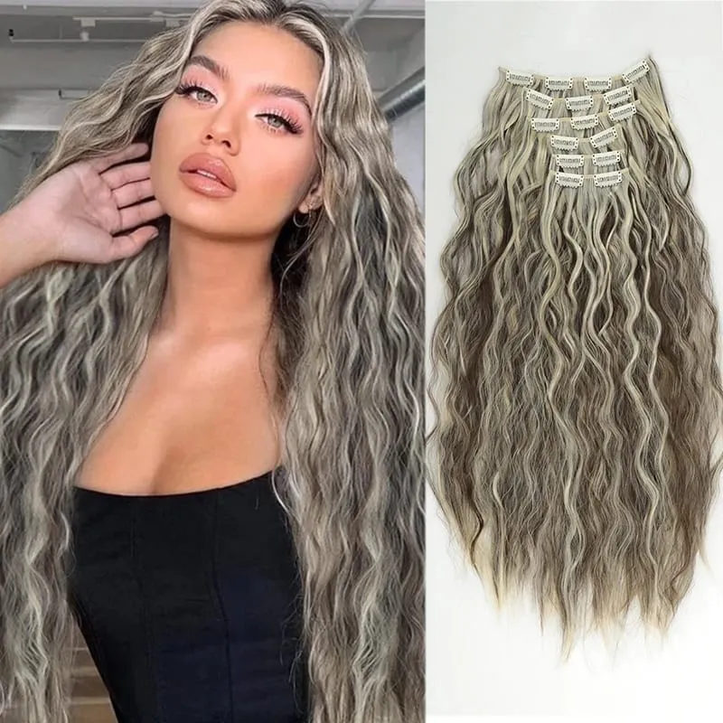 6PCS Clip In Hair Extensions 24" Black Brown Hair Extension Long Mermaid Waves Synthetic Clip On Hairpiece For Women