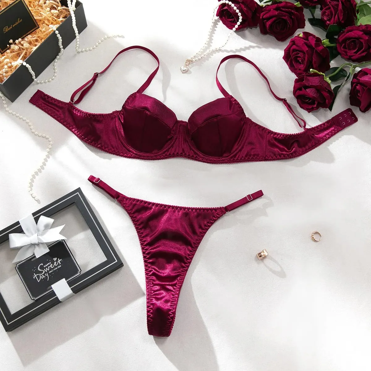 Women Underwear 2 Pcs Sexy Bra Set Underwire Push Up Satin Patchwork Bras and Thongs Suits Attractive Bilizna Intimate Set