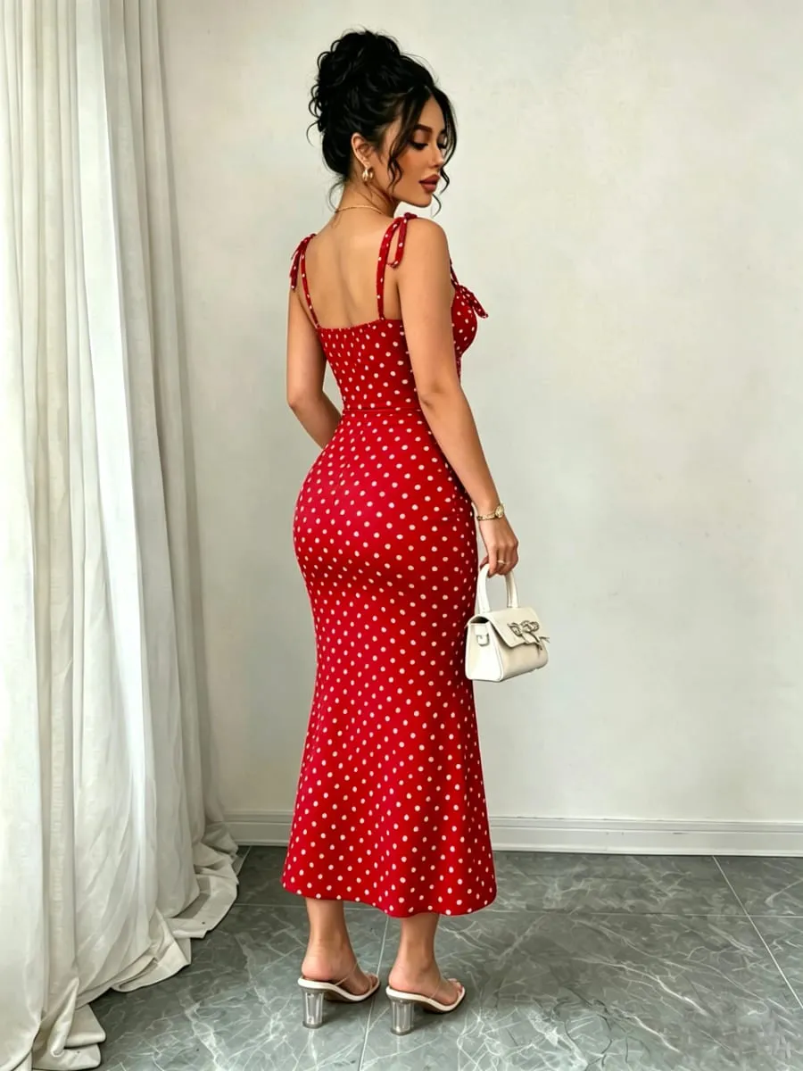 High-Elasticity Red Polka Dot Fishtail Skirt with Shoulder Straps + Chest Ruching for a Strong Waist Cinch Slim Fit Hip-Hugging Vintage Mid-Length Skirt