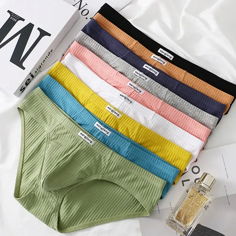 Men's Ribbed Cotton Separate Pouch Briefs Breathable Low Rise Soft Stretch Underwear Panties 1PC