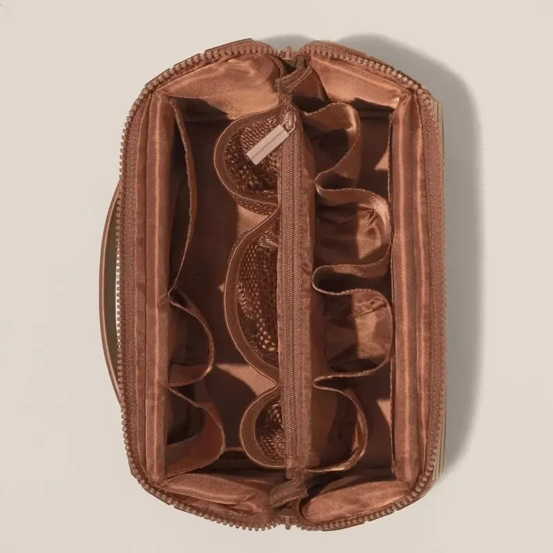 Fold-Down Travel Makeup Bag Waterproof Large Toiletry Bag Hanging Cosmetic Organizer with No-Spill Compartments for Makeup Use