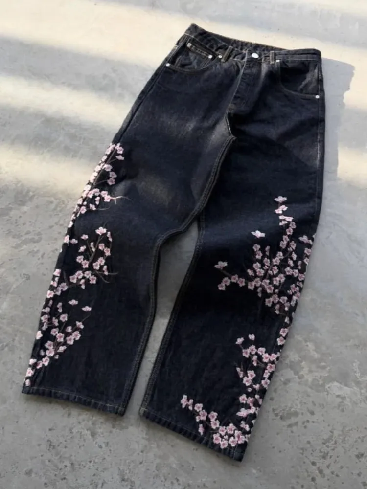 Unisex Jeans Harajuku European American Streetwear Embroidered Denim Pants Vintage Floral Loose Fit Straight Wide Leg Casual New