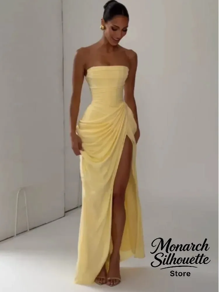 Elegant Yellow Strapless Pleated Long Dress Women Chic Solid Sleeveless Waist Cinching Split Gown 2026 Lady Evening Party Robes — image 6