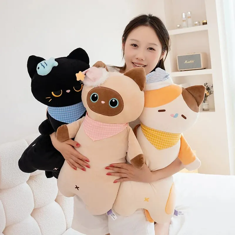 58cm Cute Sweet Dream Good Night Cat Throw Pillow Three Flowers Siam Coal Briquette Cat Doll Soft Stuffed Friend Gift