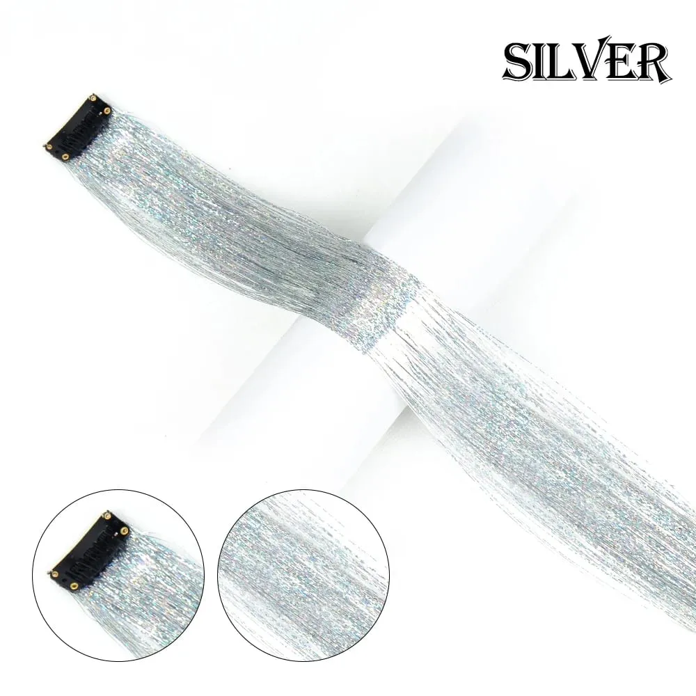 Straight Rainbow Colored Party Highlights Clip On In Hair Extensions Bling Hair Piece Synthetic Hairpieces Sparkling Tinsel Red — image 15