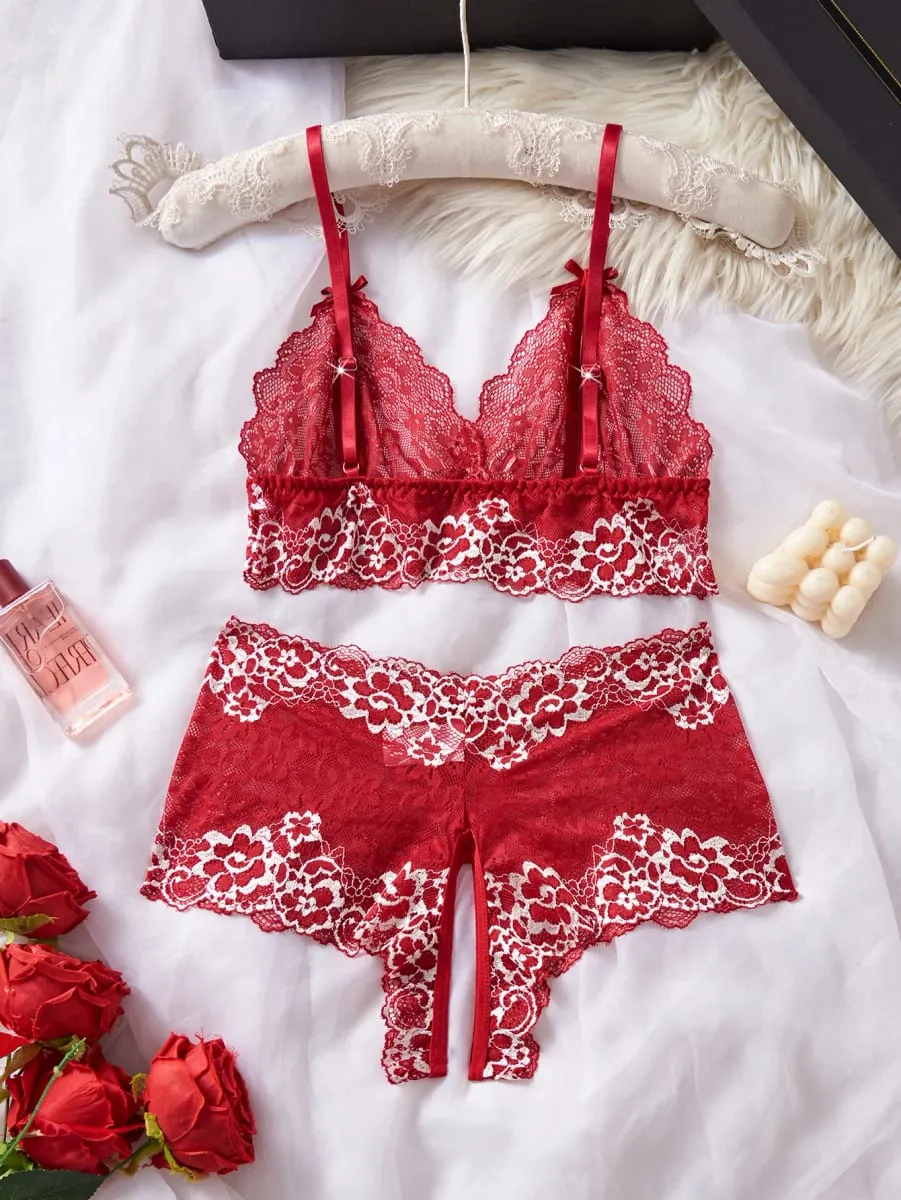 Summer Sexy Hot Women's Lingerie 2pce Open-crotch Pants And Open-tip Bra Vest Adult Underwear Transparent Flower Lace Bras Set