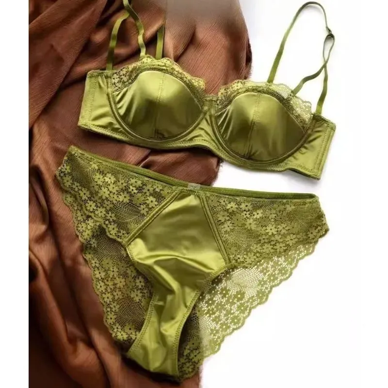 European -American sexy satin half cup comfortable upper support underwear set thin with steel ring green lace edge glossy bra