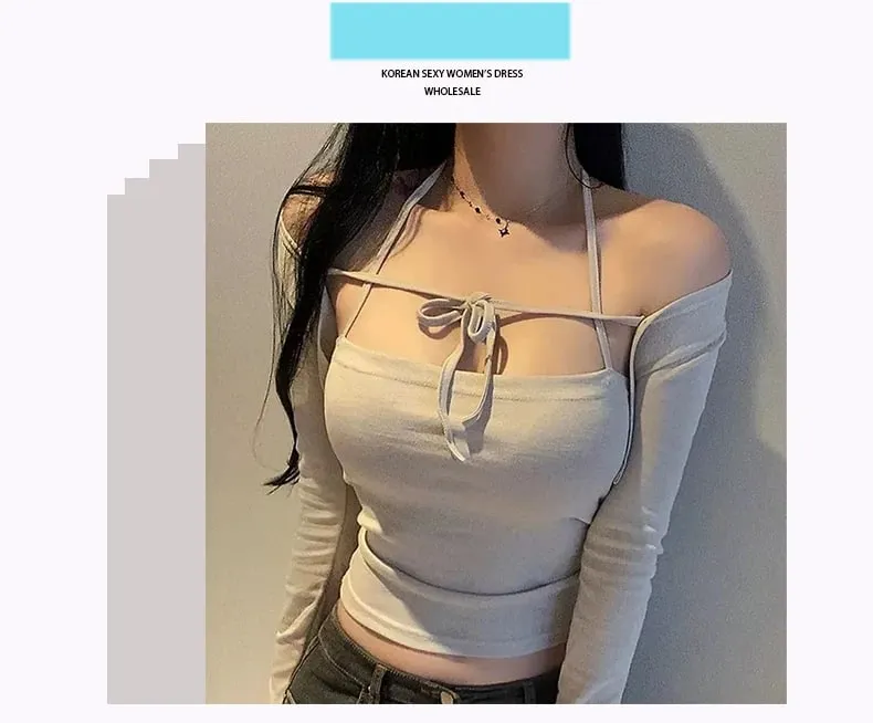 2026 Spring Summer New Women's Halter Neck Camisole Crop Top Korea Dongdaemun Tie Front Short Cardigan 2 Piece Set