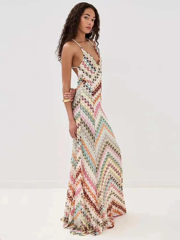 Robe longue imprimée Sexy, col en V, col licou, pour femmes, nouvelle mode d'été, sans manches, dos nu, Slim, soirée en boîte de nuit