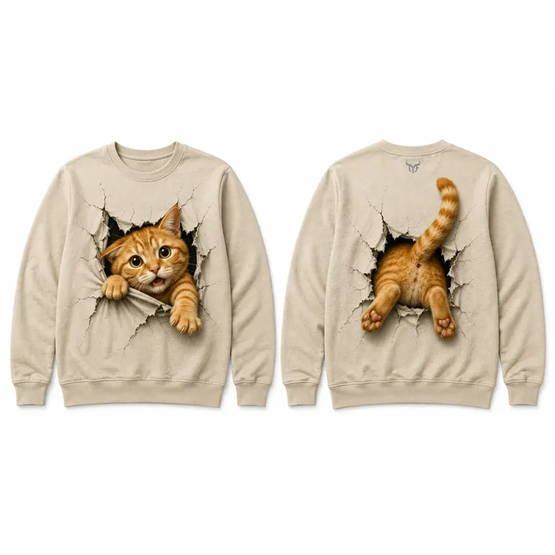 Funny 3D Visual Cat Print Sweatshirt Cute Animal Breaking Through Wall Graphic Pullover Tops Men Casual Long Sleeve Streetwear
