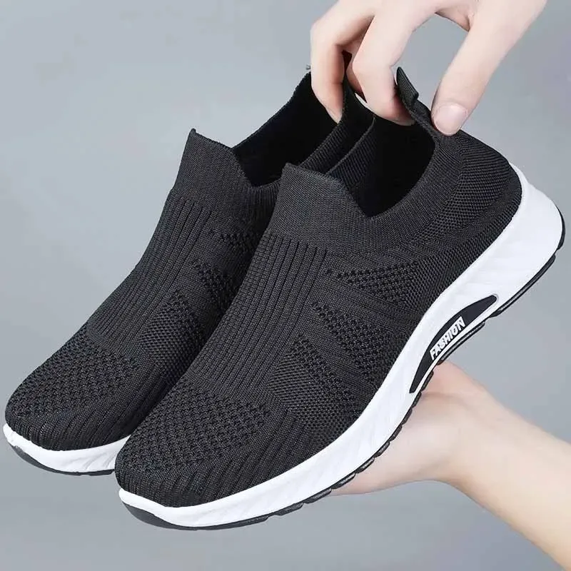 Men Breathable Knit Slip On Shoes Lightweight Cushioned Sole Round Toe Outdoor Elderly Walking Sneakers