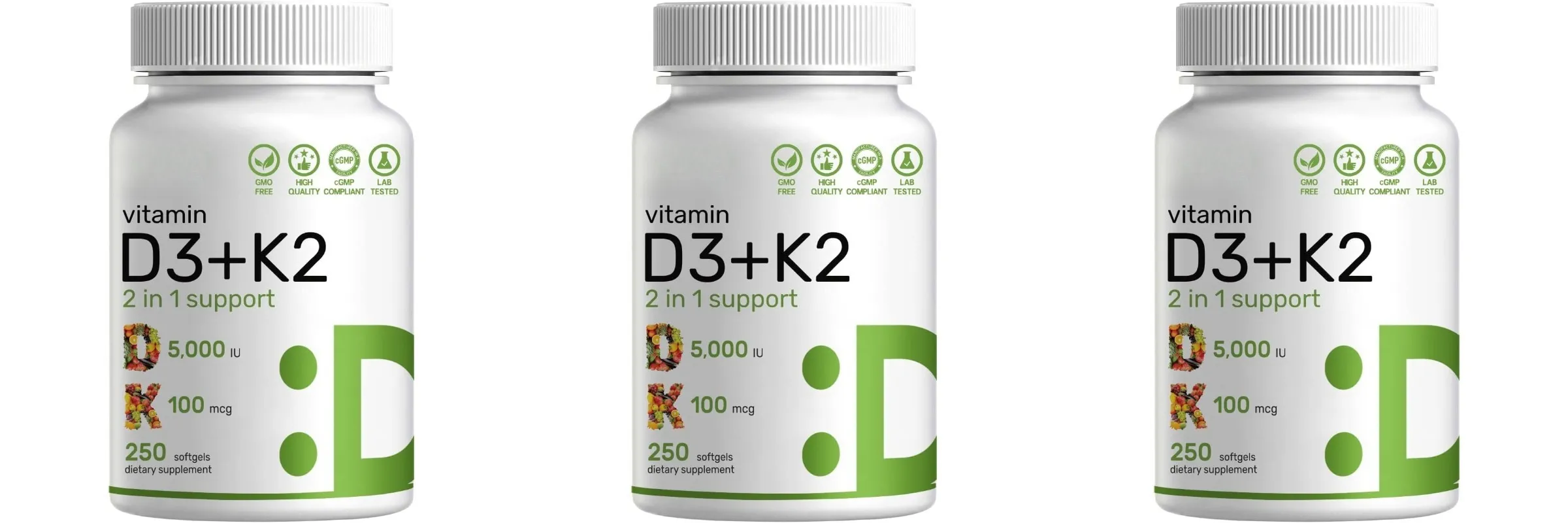 Vitamin D3 + K2 MK7 Softgels 250 Count 2-in-1 Complex Non-GMO Soy-Free Gluten-Free Bone Health Support Immune System Booster