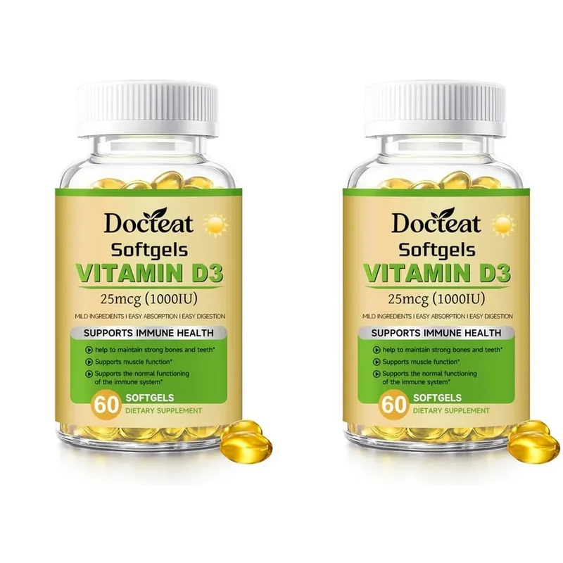 Docteat Vitamin D3 Softgels Supports Immune Health Helps Maintain Bones and Teeth for Adult Daily Requirement 60 Softgels