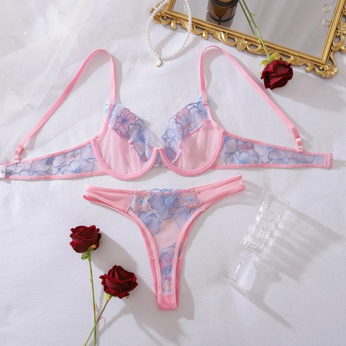 Sweet and sexy lingerie cute butterfly bra set steel ring gathering ultra-thin cup transparent two-piece set — image 2