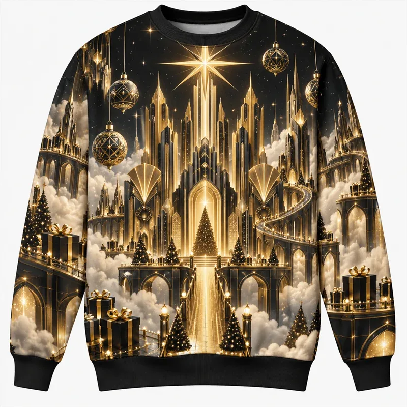 Christmas Fantasy Sweatshirt Train Castle Carousel Angel Polar Bear Crewneck Xmas Pullover Holiday Party Streetwear Gift Top