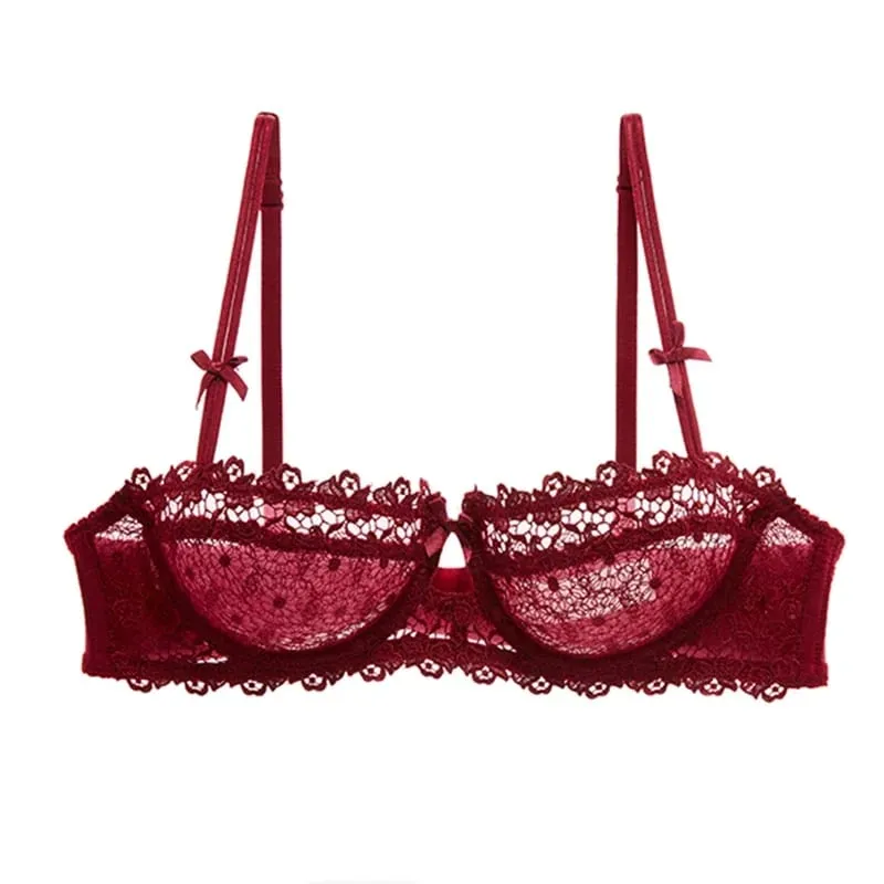 Plus Size Sexy Half Cup Lace Bra Sheer Mesh Unlined Bralette for Women A D Cup Invisible Push Up Underwire Lingerie Set — image 10