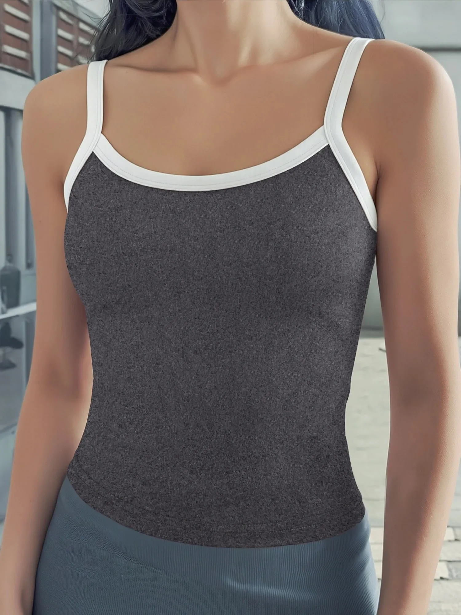 Contrast Binding U-Neck Crop Cami Slim Spaghetti Strap Bodycon Tank for Urban Street Style & Evening Date Outfits