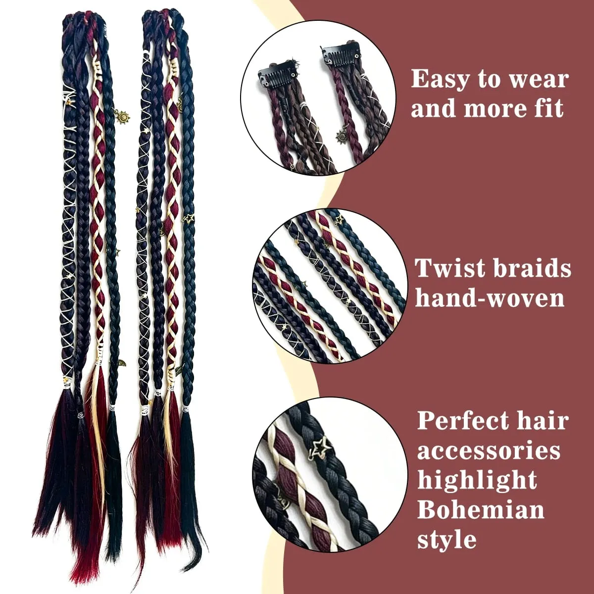 Box Braids Hair Extensions Pre-Braided Synthetic Colored Twist Braids with Hair Accessories for Women Hip Hop Punk Festival