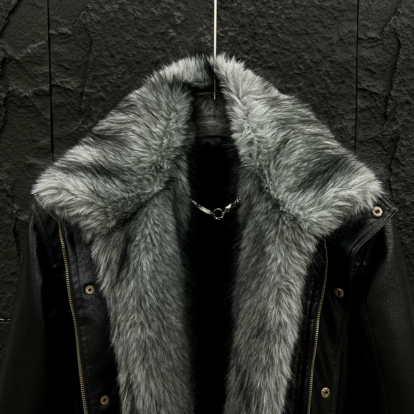 Techwear Style Detachable Faux Fur Collar Leather Jackets Man Winter Warmer Motorcycle Vintage Punk Leather Coat