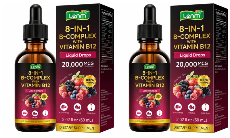 8-in-1 Vitamin B Complex Drops Maximum Absorption with Folate Vitamin B12 Supports Energy Focus Metabolism & Nervous Health 60ML
