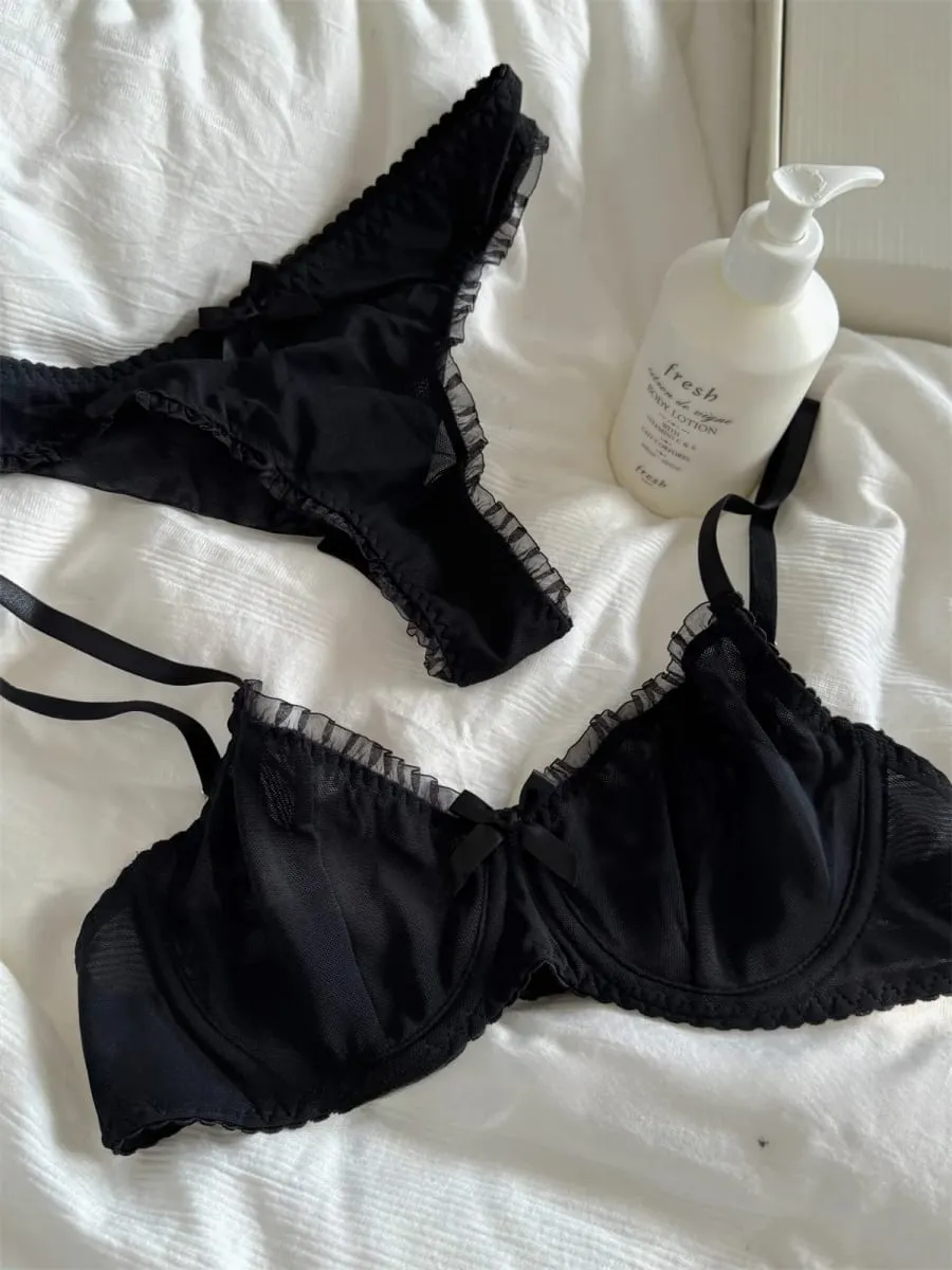 Black lace mesh lingerie feel underwear thin bra gathered up support large breasts show small bra set
