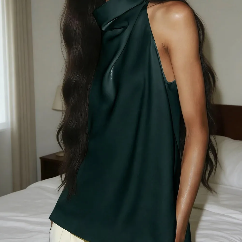 Women Summer Coquette Backless Halter Crop Tops Solid Satin Slip Tank Top Casual Office Ladies Off Shoulder Evening Party Vests