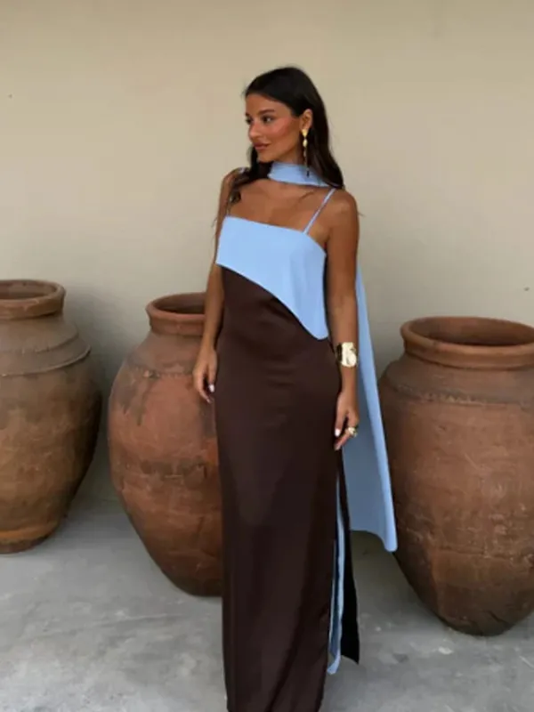 Fashion Contrasting Sling Dress Women Square Neck Sleeveless High Waist Slim Maxi Dress With Scarf 2026 Summer Lady Party Robe