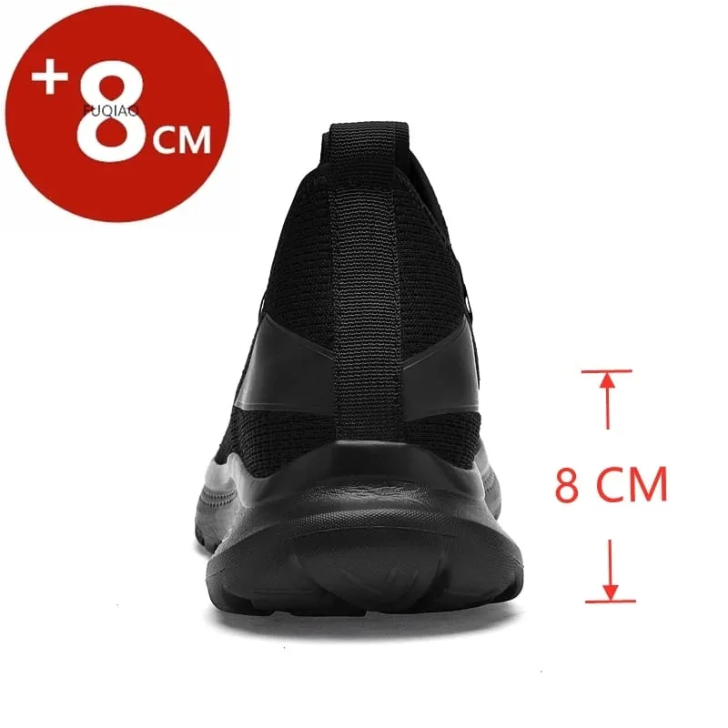 Men All Black Breathable Mesh Elevator Shoes 8Cm Invisible Height Increase Non Slip Casual Sports Daily Walking Workout Sneakers