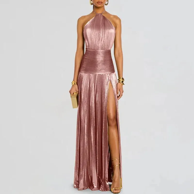 ทองเซ็กซี่ Halter สูงแยกชุดราตรีผู้หญิง Chic Solid Hollow จีบยาวชุดฤดูใบไม้ผลิฤดูร้อน Backless Zip Maxi ชุด