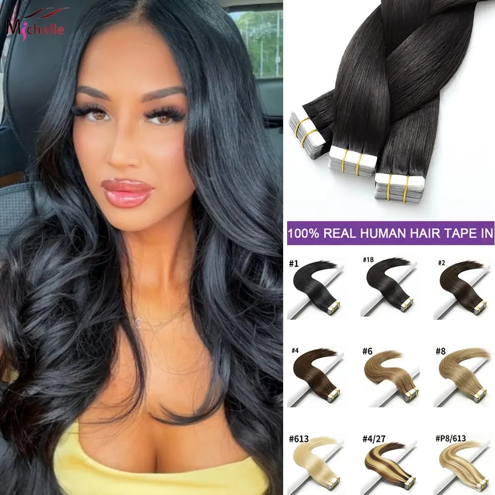Tape In Hair Extensions Human Hair Straight Natural Black Seamless Weft Skin Extensions 20Pcs 50g/Pack Invisible Tape ins Hair