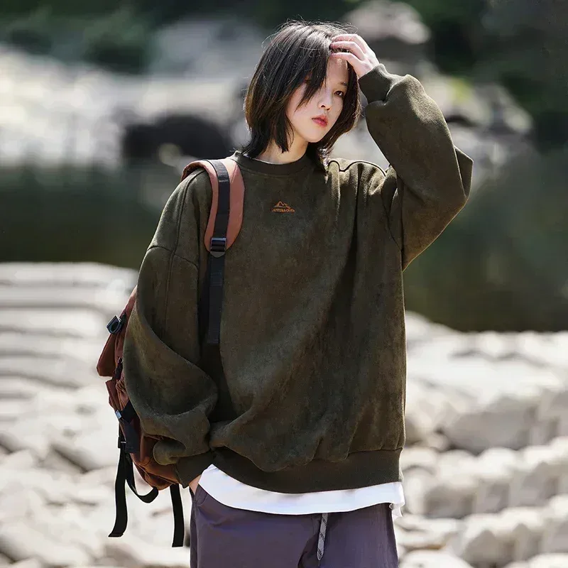 Brand Suede Sweatshirts for Men 2026 New Autumn Winter Clothing Baggy Vintage Pullovers Couples O Neck Oversize Blouse