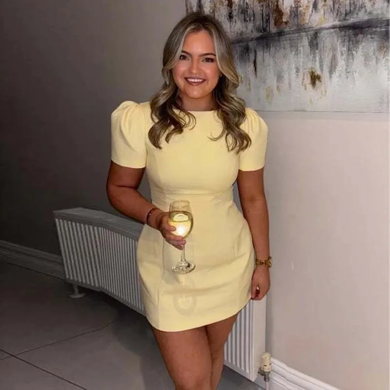 2026 Pleated Short Dresses for Women Yellow Holiday Women's Dresses Elegant Party Dresses Woman Short Sleeve Formal Dress