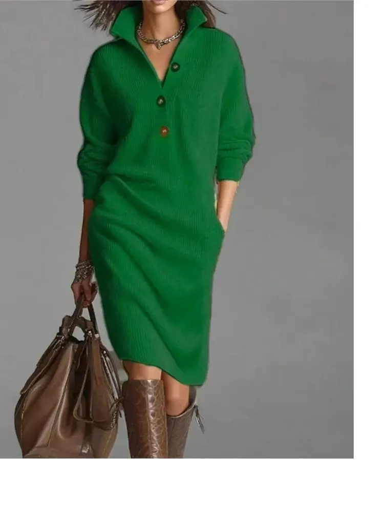 Autumn Fashion Knitted Button Lapel Women Dress Casual Loose Pocket Lazy Straight Over The Knee Long Sleeve Sweater FemaleDress — image 4