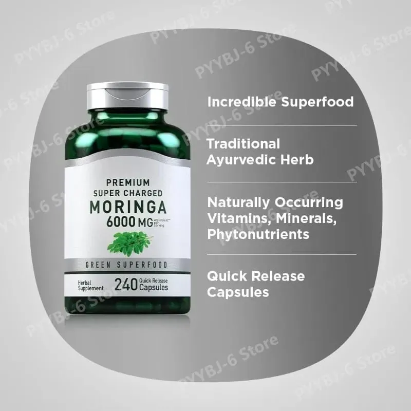 Moringa Oleifera Supplement 6000mg Concentrated Leaf Extract Supports Overall Health & Wellness Non-GMO 240 Capsules for adult