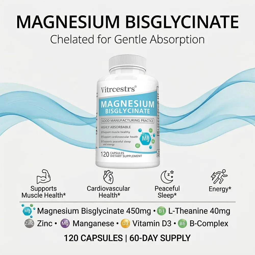 Magnesium Bisglycinate Capsules 450mg Daily Mineral Supplement Support Muscle Joint Cardiovascular and Digestive Body Wellness
