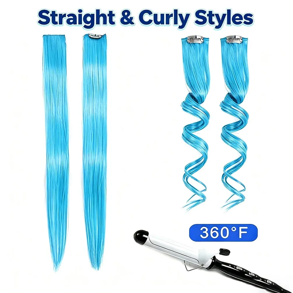 6 Pcs Synthetic Bright Cyan Clip In Hair Extensions Straight Colored Highlight Hair Streaks Heat Resistant Synthetic Fiber