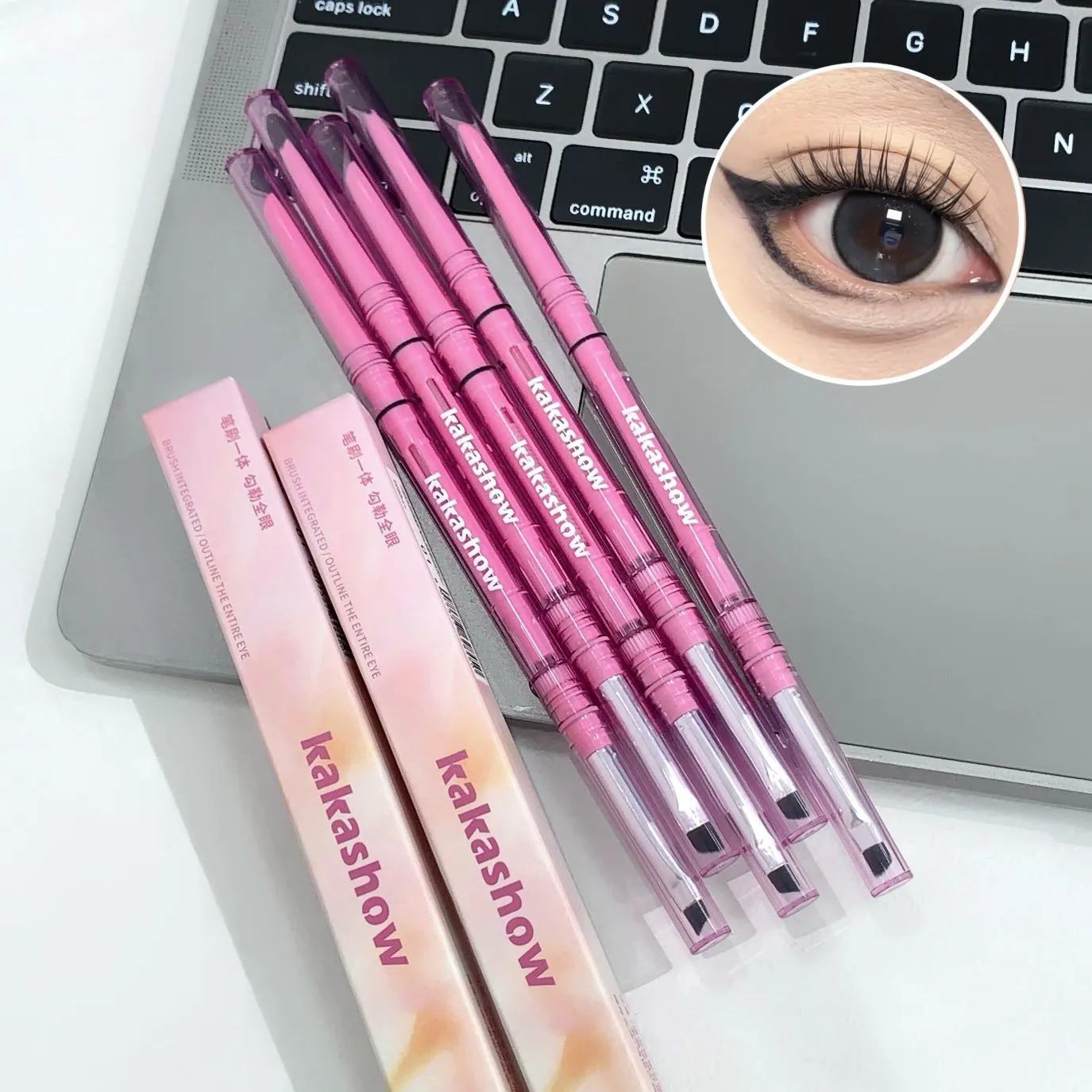 Double-headed Natural Black Eyeliner Gel with Brush Smudge-Proof Waterproof Creamy Smooth Rose Pink for Brows & Under Eye Makeup