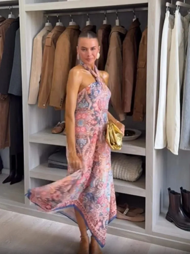 Robe dos nu imprimé Floral pour femmes, Chic, col en v, sans manches, dos nu, cintrée à la taille, Maxi, Robes de vacances, nouvelle collection été 2026 — image 7