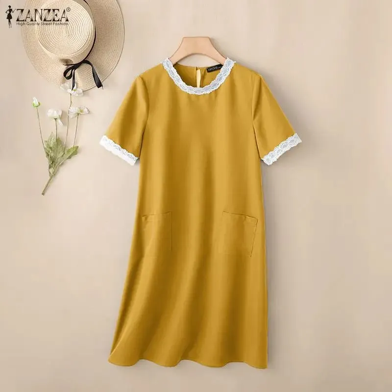 Women Summer Loose Knee-Length Dress Lace Patchwork O-Neck Short Sleeve Pockets Solid Color Dresses ZANZEA Everyday Wear Robes
