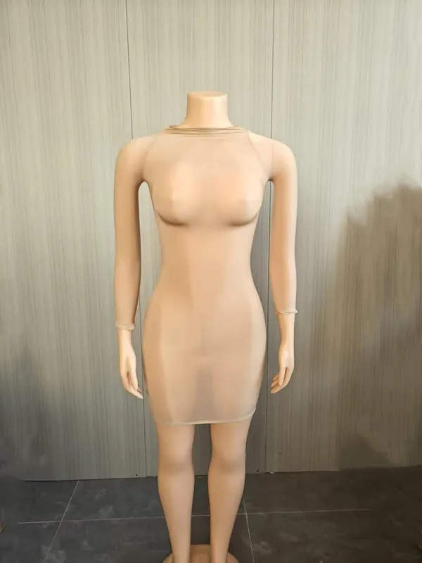 Oil Shiny Seamless Body Stockings Bodycon Mini Dress Women See Through O Neck Long Sleeve High Stretch Silky Glossy Clubwear
