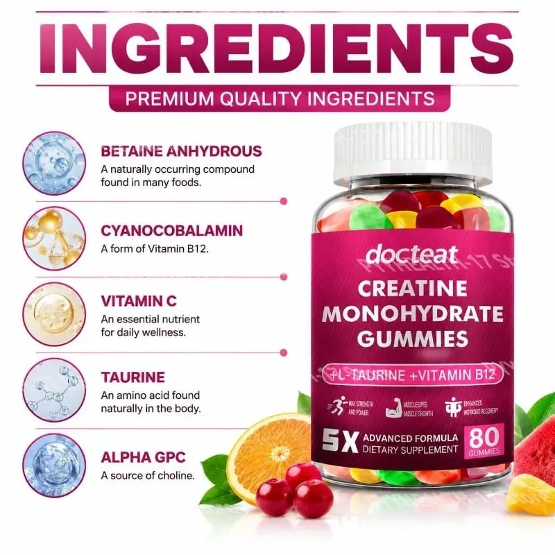 Creatine Monohydrate Gummies with L-Taurine and Vitamin B12 for Supports Training Performance and Daily Energy 80 Gummies — image 3