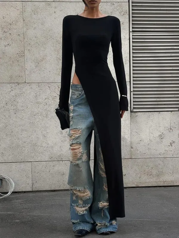 Dulzura Long Sleeves Side High Slit Maxi Dress Solid Sexy Long Dress Women’S Party Club Streetwear Autumn Winter Outfit